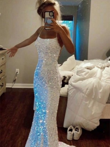 Long Spaghetti Straps Sleeveless Sweep Train Velvet Sequin Prom Dress for Sale