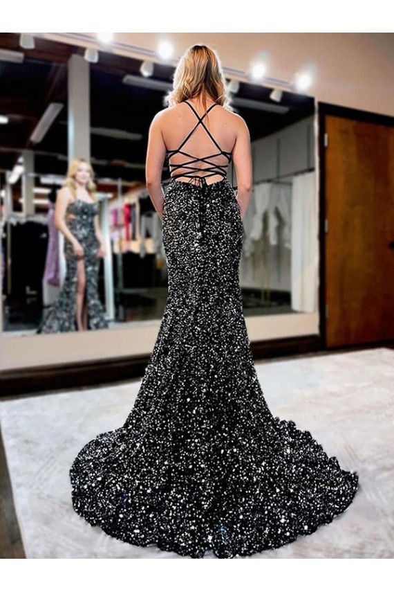 Spaghetti Straps Sleeveless Long Sweep Train Velvet Sequin Prom Dress for Sale