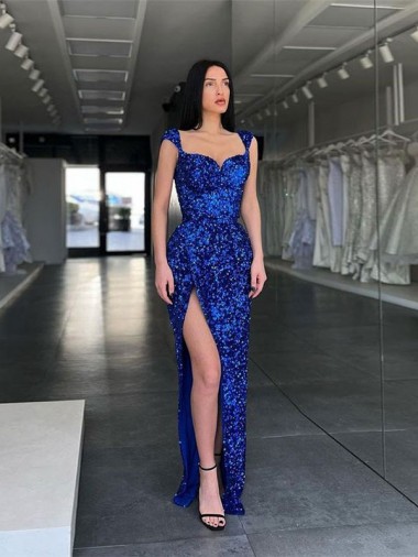 Sleeveless Long Sweep Train Velvet Sequin Prom Dress with High Slit and Straps for Sale