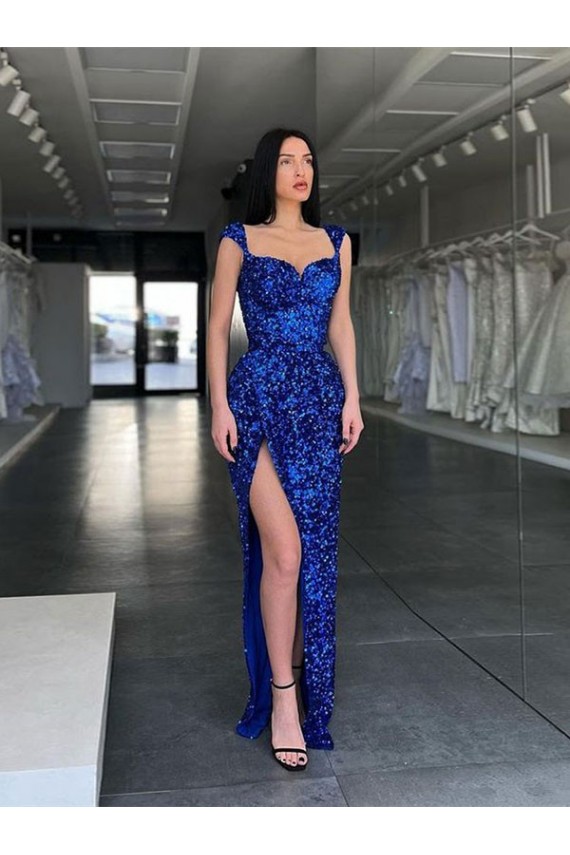 Sleeveless Long Sweep Train Velvet Sequin Prom Dress with High Slit and Straps for Sale