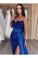 Sweetheart Sleeveless Long Sweep Train Velvet Sequin Prom Dress with Slit for Sale