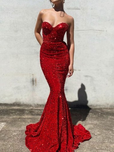 Mermaid Sweetheart Sleeveless Long Court Train Velvet Sequin Prom Dress for Sale