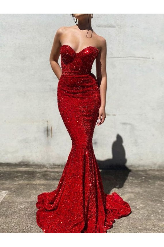 Mermaid Sweetheart Sleeveless Long Court Train Velvet Sequin Prom Dress for Sale