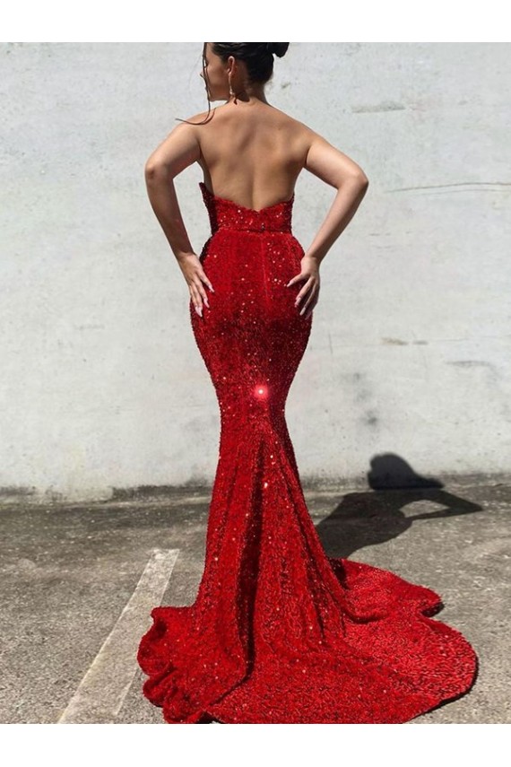 Mermaid Sweetheart Sleeveless Long Court Train Velvet Sequin Prom Dress for Sale