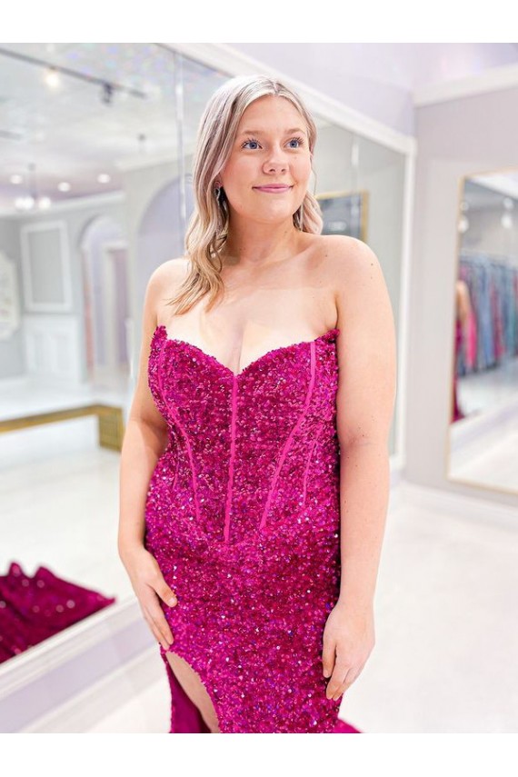 Long Sweetheart Sleeveless Sweep Train Velvet Sequin Prom Dress with Slit for Sale