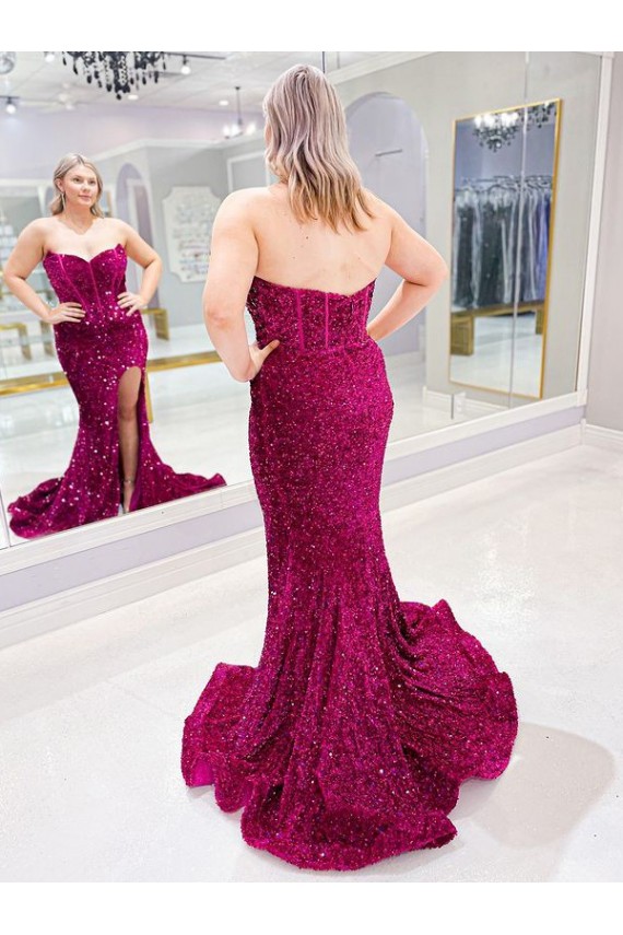 Long Sweetheart Sleeveless Sweep Train Velvet Sequin Prom Dress with Slit for Sale