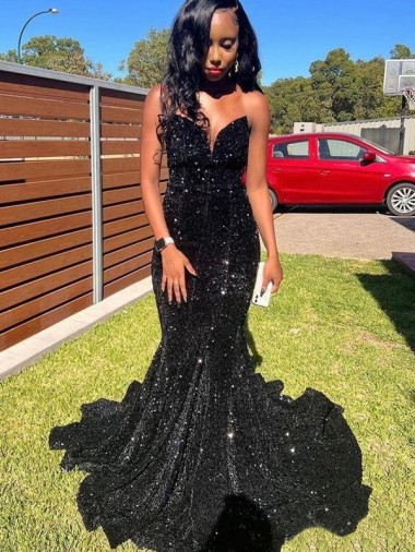 Mermaid Sweetheart Sleeveless Long Floor Length Velvet Sequin Prom Dress for Sale