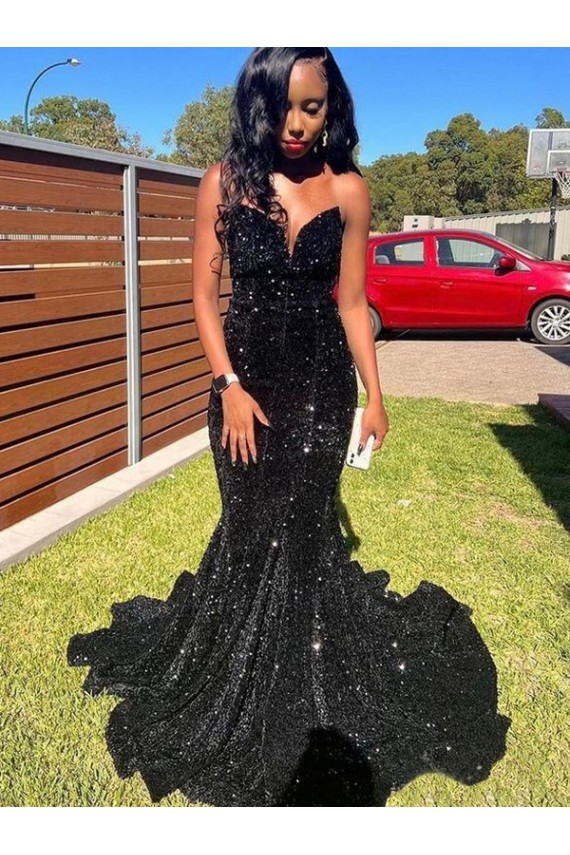 Mermaid Sweetheart Sleeveless Long Floor Length Velvet Sequin Prom Dress for Sale