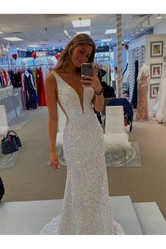 V-Neck Sleeveless Long Velvet Sequin Prom Dress with Sweep Train for Sale