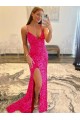 Velvet Sequin Long V-Neck Sleeveless Sweep Train Prom Dress with Slit for Sale