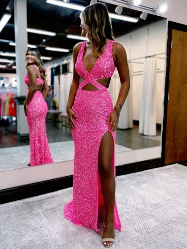 Long V-Neck Sleeveless Sweep Train Velvet Sequin Prom Dress with High Slit for Sale