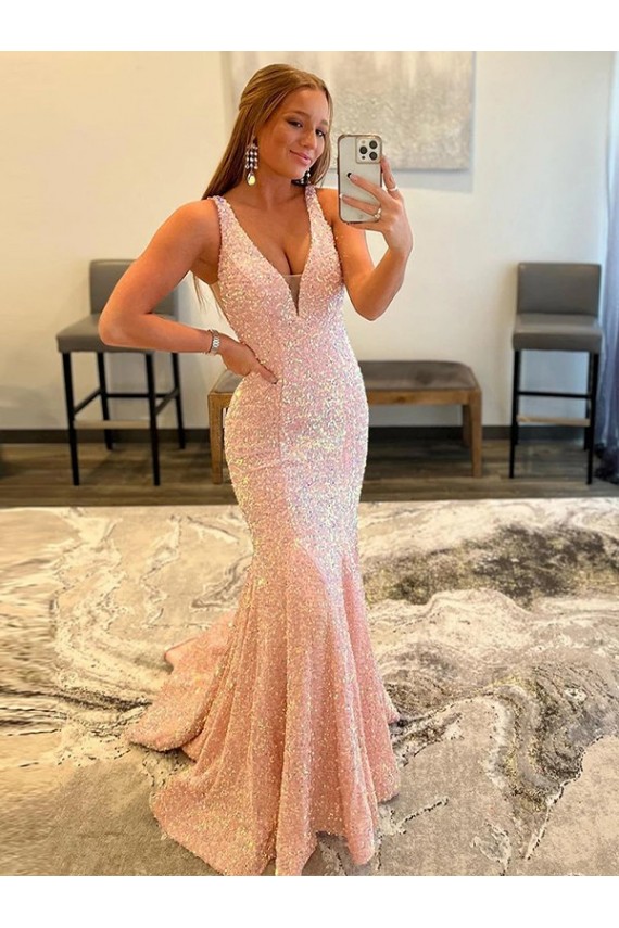 Deep V-Neck Sleeveless Long Low Back Velvet Sequin Prom Dress for Sale