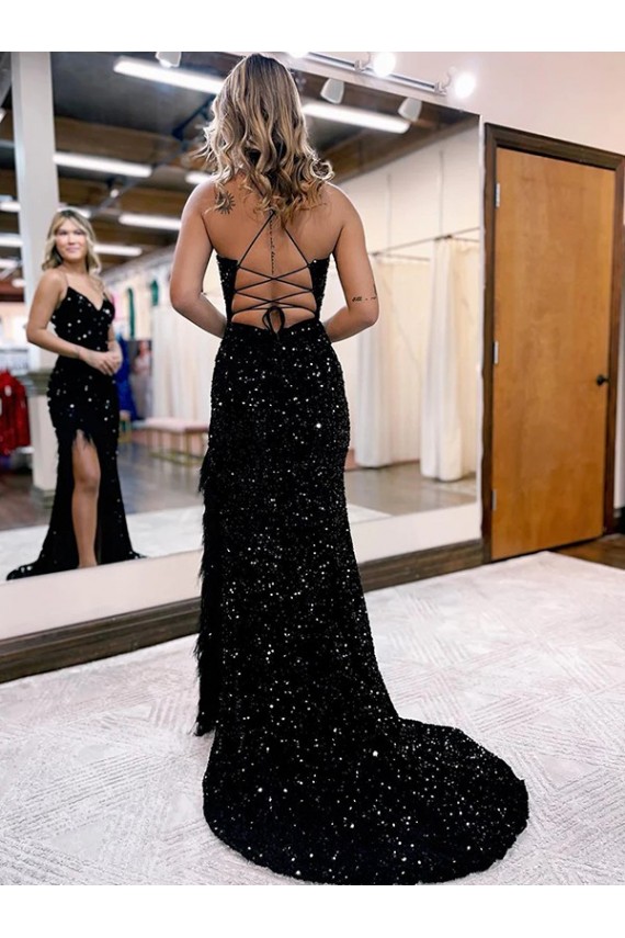 V-Neck Sleeveless Long Velvet Sequin Royal Blue Prom Dress with Side Slit for Sale