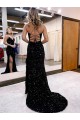 V-Neck Sleeveless Long Velvet Sequin Royal Blue Prom Dress with Side Slit for Sale