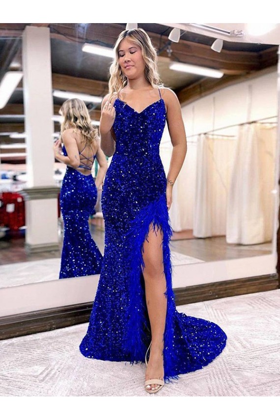 V-Neck Sleeveless Long Velvet Sequin Royal Blue Prom Dress with Side Slit for Sale