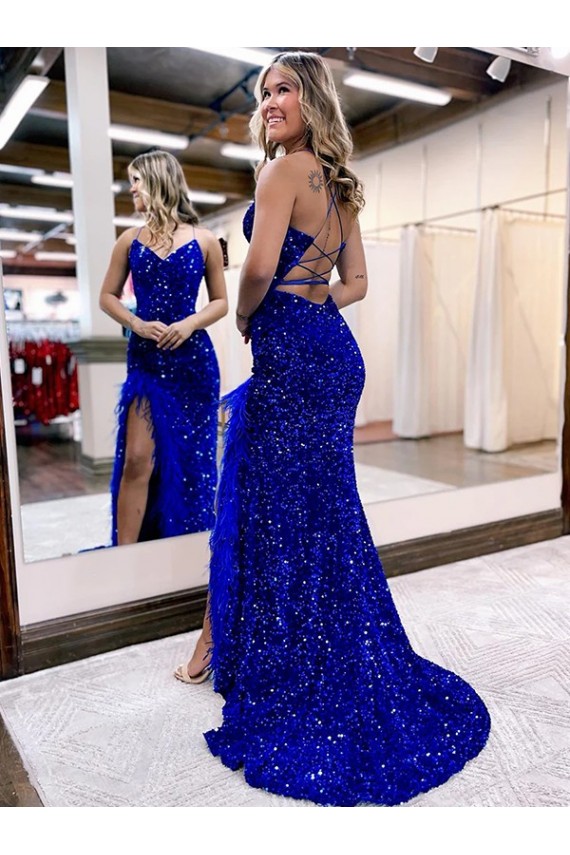 V-Neck Sleeveless Long Velvet Sequin Royal Blue Prom Dress with Side Slit for Sale