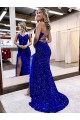 V-Neck Sleeveless Long Velvet Sequin Royal Blue Prom Dress with Side Slit for Sale