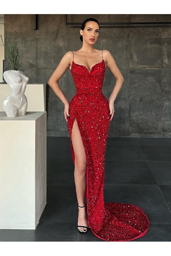 V-Neck Sleeveless Long Sweep Train Velvet Sequin Prom Dress with High Side Slit for Sale
