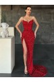 V-Neck Sleeveless Long Sweep Train Velvet Sequin Prom Dress with High Side Slit for Sale
