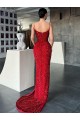 V-Neck Sleeveless Long Sweep Train Velvet Sequin Prom Dress with High Side Slit for Sale