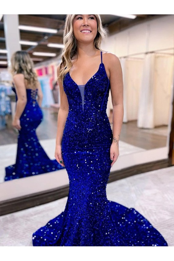 Mermaid V-Neck Sleeveless Long Court Train Velvet Sequin Prom Dress for Sale
