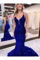 Mermaid V-Neck Sleeveless Long Court Train Velvet Sequin Prom Dress for Sale
