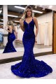Mermaid V-Neck Sleeveless Long Court Train Velvet Sequin Prom Dress for Sale