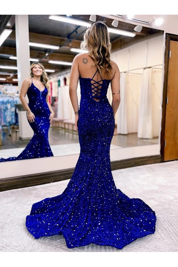 Mermaid V-Neck Sleeveless Long Court Train Velvet Sequin Prom Dress for Sale