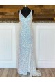V-Neck Sleeveless Long Sweep Train Velvet Sequin Prom Dress for Sale