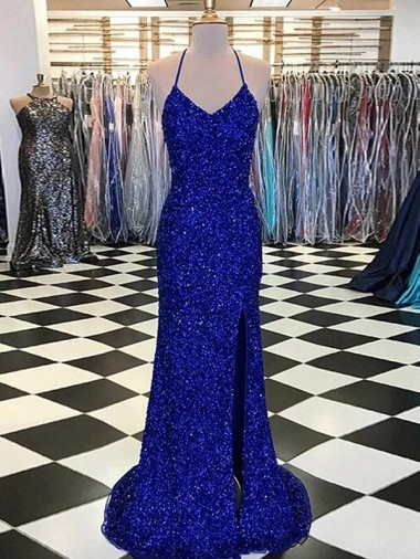 V-Neck Sleeveless Long Velvet Sequin Prom Dress for Sale