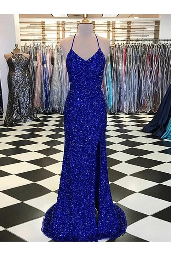 V-Neck Sleeveless Long Velvet Sequin Prom Dress for Sale