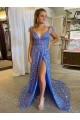 A-Line V-Neck Sleeveless Long Court Train Velvet Sequin Prom Dress with High Slit for Sale