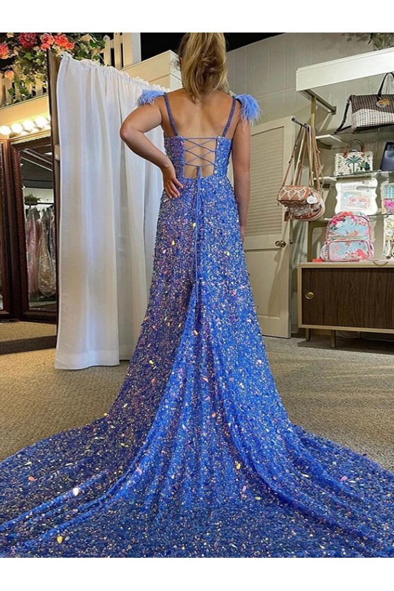 A-Line V-Neck Sleeveless Long Court Train Velvet Sequin Prom Dress with High Slit for Sale