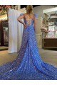 A-Line V-Neck Sleeveless Long Court Train Velvet Sequin Prom Dress with High Slit for Sale