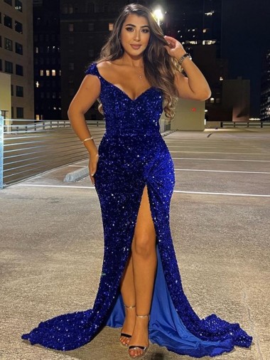 V-Neck Sleeveless Long Sweep Train Velvet Sequin Prom Dress with Slit for Sale