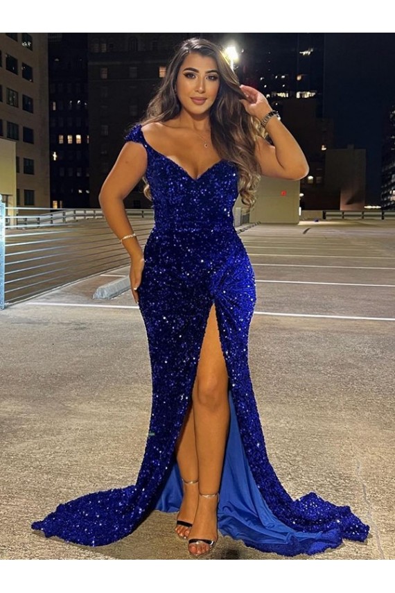 V-Neck Sleeveless Long Sweep Train Velvet Sequin Prom Dress with Slit for Sale