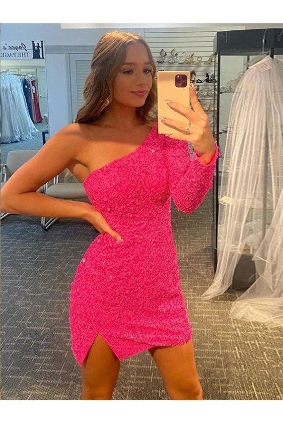 Short Velvet Sequin One Shoulder Long Sleeves Prom Dress for Sale