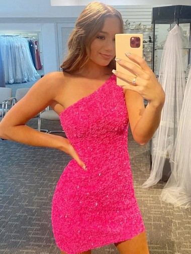 Short One Shoulder Sleeveless Velvet Sequin Prom Dress for Sale