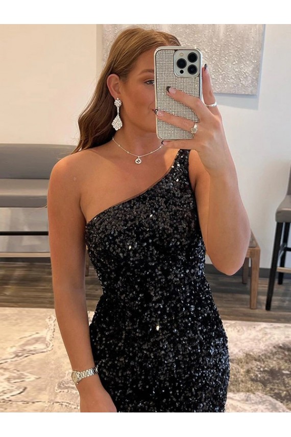 One Shoulder Sleeveless Short Velvet Sequin Prom Dress for Sale