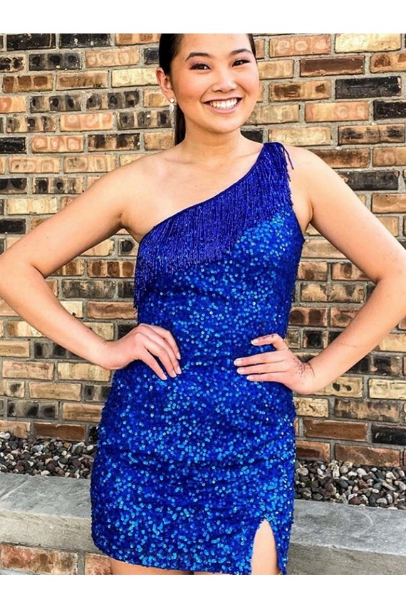 One Shoulder Sleeveless Short Velvet Sequin Royal Blue Prom Dress for Sale