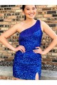 One Shoulder Sleeveless Short Velvet Sequin Royal Blue Prom Dress for Sale
