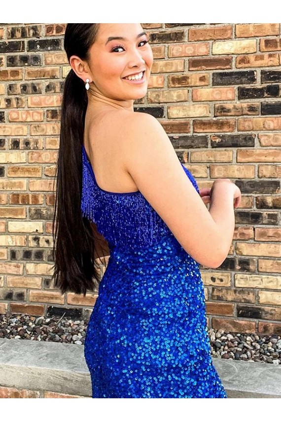 One Shoulder Sleeveless Short Velvet Sequin Royal Blue Prom Dress for Sale