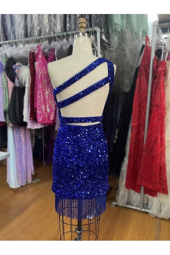 One Shoulder Keyhole Sleeveless Short Velvet Sequin Prom Dress for Sale