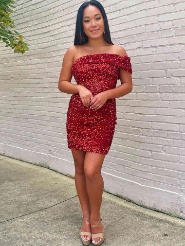 Short One Shoulder Sleeveless Velvet Sequin Cocktail Prom Dress for Sale