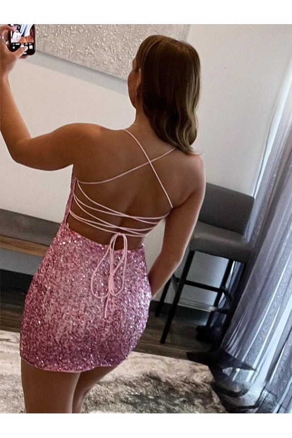 Spaghetti Straps Sleeveless Short Velvet Sequin Prom Dress for Sale