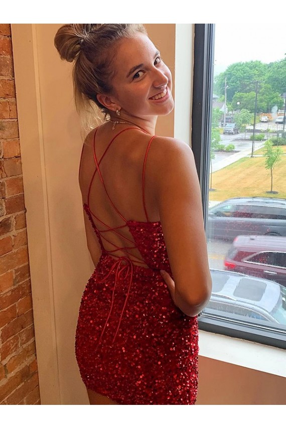 V-Neck Sleeveless Short Velvet Sequins Prom Dress for Sale