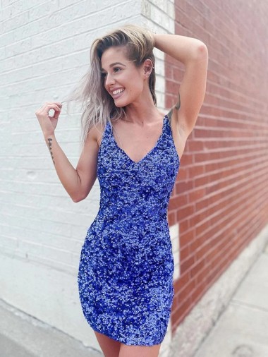 Short Velvet Sequin V-Neck Sleeveless Prom Dress for Sale