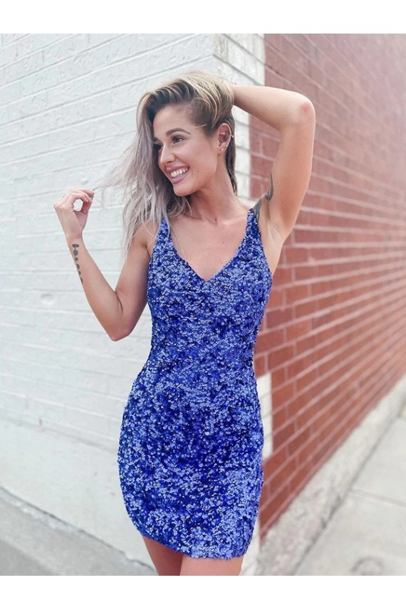 Short Velvet Sequin V-Neck Sleeveless Prom Dress for Sale