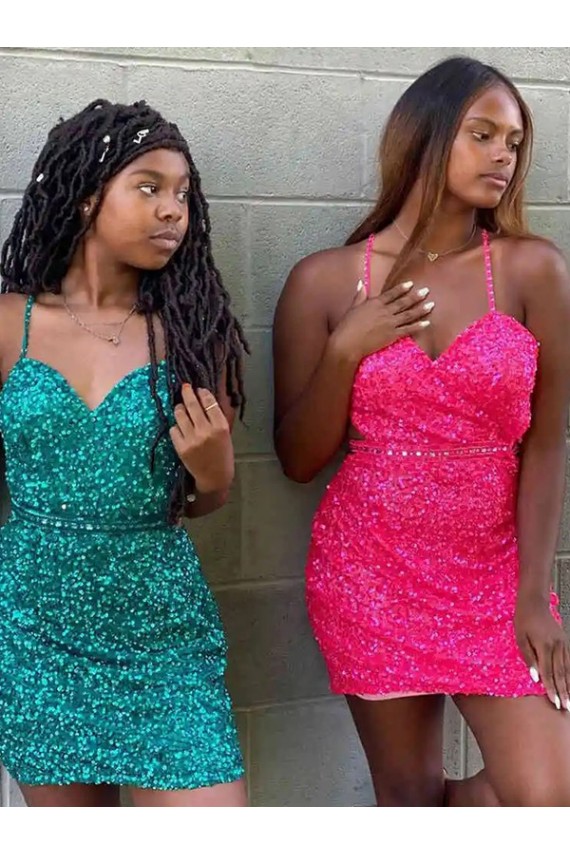 V-Neck Sleeveless Short Velvet Sequin Cocktail Dress for Sale