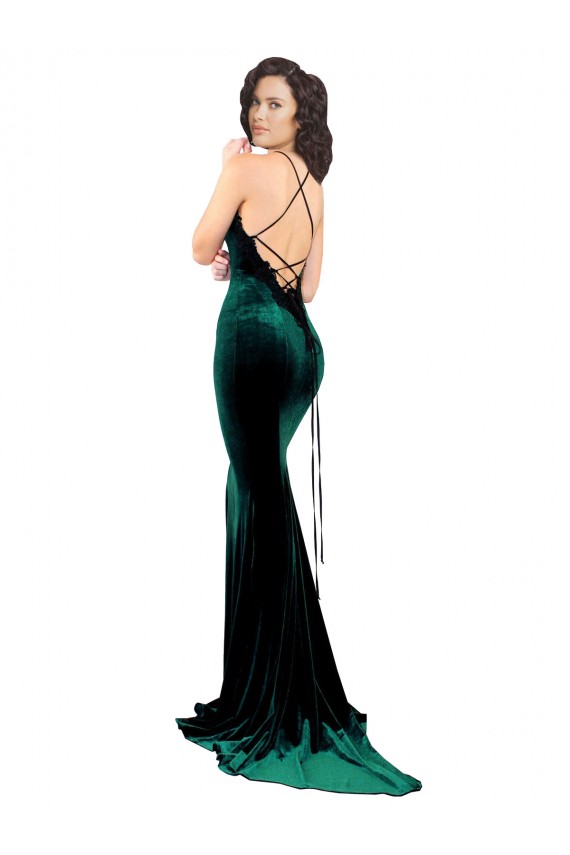 High Neck Formal Stretch Velvet Bridesmaid Dress / Prom Dress with Black Lace Embroidery for Sale